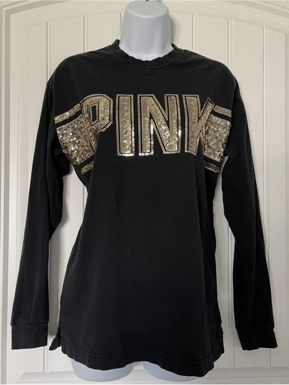 PINK Victoria's Secret Black Long Sleeve Tee with Gold Sequin Logo